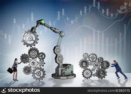 Businesspeople with cogwheel and robotic arm