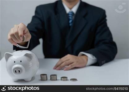 Businessperson putting coin piggy bank.Concept saving money investment, and financial planning.