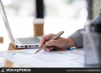 Businesswoman Accountant analyzing investment charts Invoice and pressing calculator buttons over documents. Accounting Bookkeeper Clerk Bank Advisor And Auditor Concept.