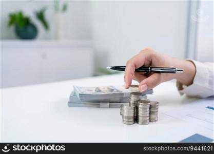 Businesswoman Accountant analyzing investment charts Invoice and pressing calculator buttons over documents. Accounting Bookkeeper Clerk Bank Advisor And Auditor Concept.