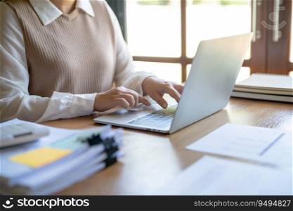 Businesswoman Accountant analyzing investment charts Invoice and pressing calculator buttons over documents. Accounting Bookkeeper Clerk Bank Advisor And Auditor 