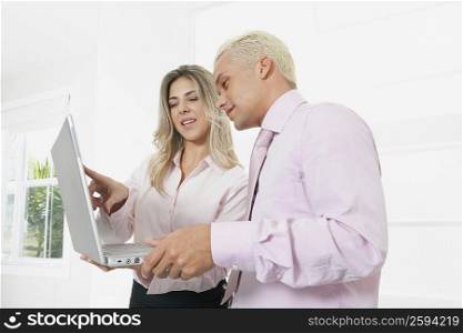 Businesswoman and a businessman using a laptop