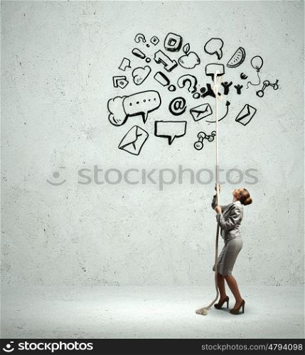 Businesswoman and business symbols. Image of pretty bisinesswoman with business symbols. Collage