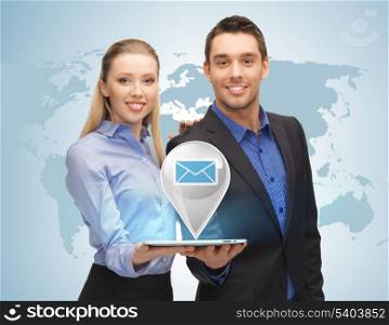businesswoman and businessman showing tablet pc with virtual email sign