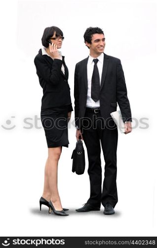 businesswoman and businessman waiting for a client