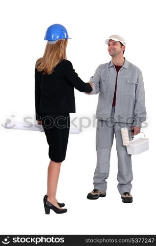 businesswoman and craftsman shaking hands