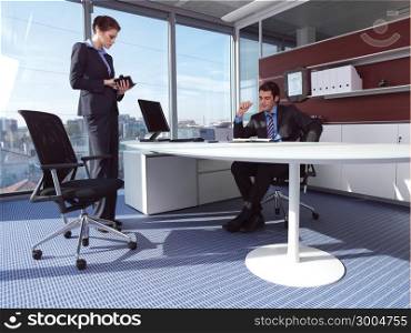 businesswoman and man working in her office