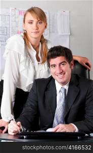 businesswoman at office with her boss in chair