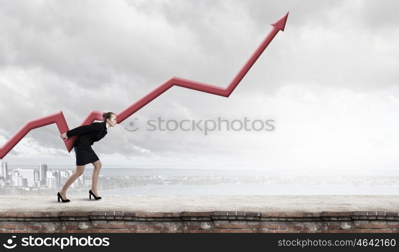 Businesswoman carrying big increasing graph. Growth concept. Growth and progress