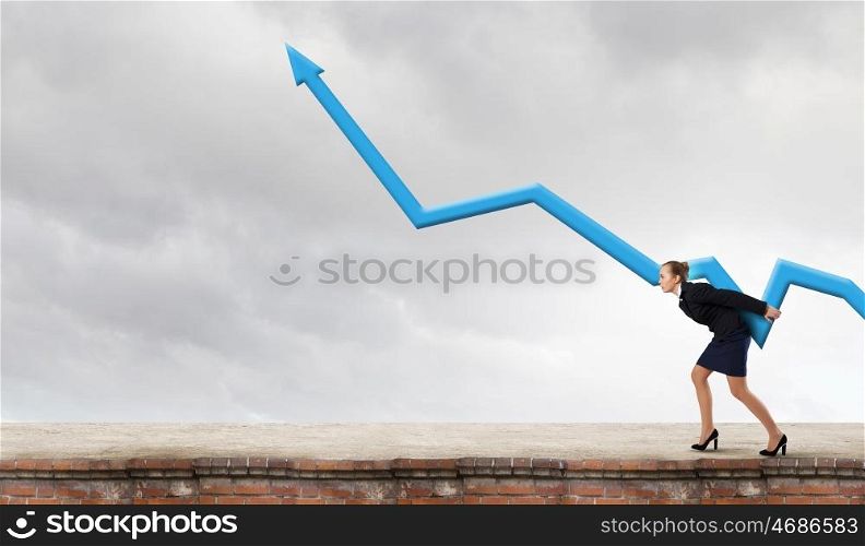 Businesswoman carrying big increasing graph. Growth concept. Growth and progress