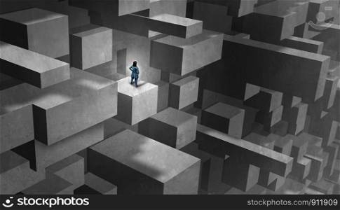 Businesswoman challenges concept and gender obstacles for being a female entrepreneur in the business world as a woman with the burden of climbing a difficult maze with 3D illustration elements.
