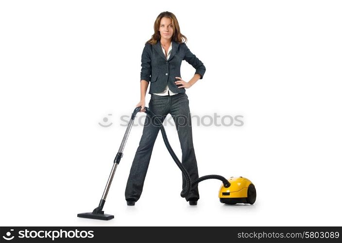 Businesswoman cleaning with vacuum cleaner