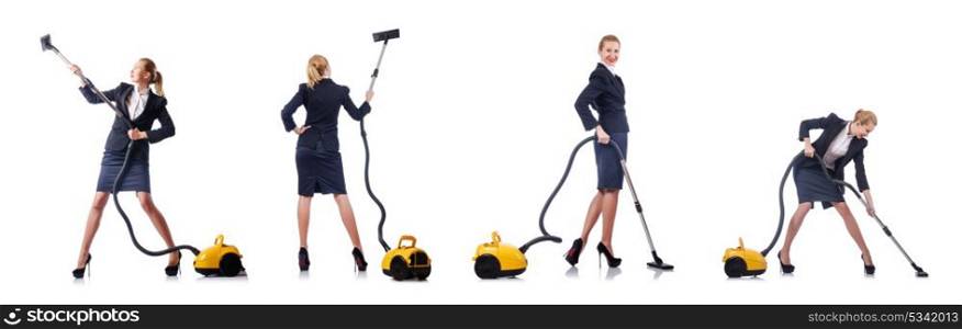 Businesswoman cleaning with vacuum cleaner on white