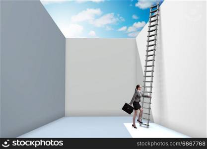 Businesswoman climbing a ladder to escape from problems