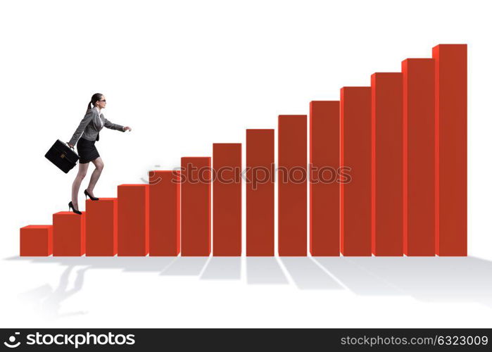 Businesswoman climbing bar chart in economic recovery concept