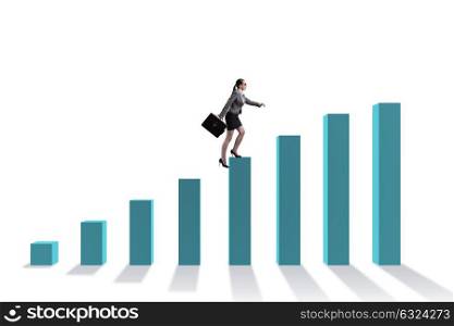 Businesswoman climbing bar chart in economic recovery concept