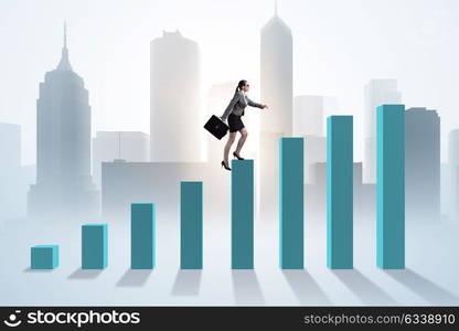 Businesswoman climbing bar chart in economic recovery concept