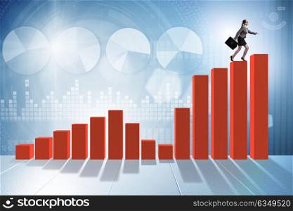 Businesswoman climbing bar chart in economic recovery concept