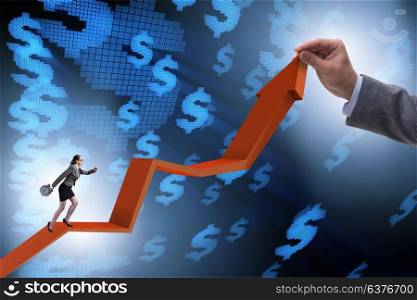 Businesswoman climbing line chart in economic recovery concept