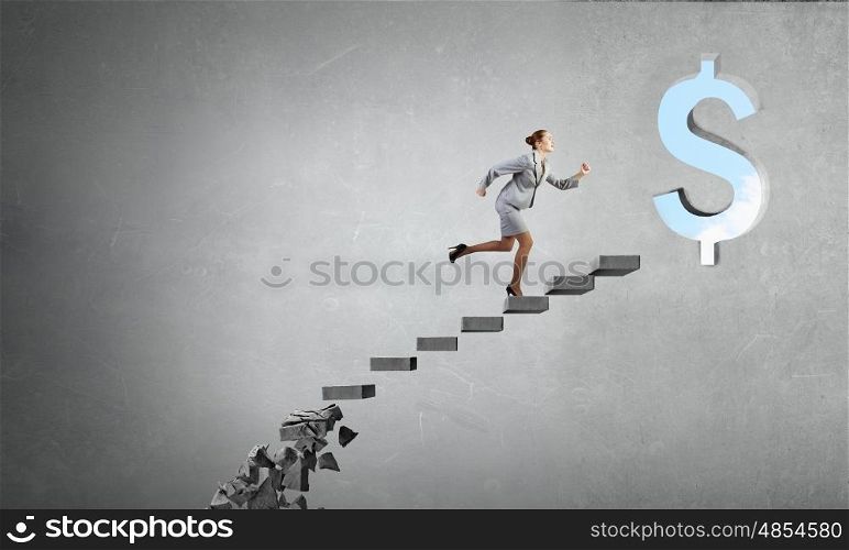 Businesswoman climbing stone ladder . Young businesswoman walking up collapsing staircase representing success concept