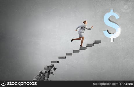 Businesswoman climbing stone ladder . Young businesswoman walking up collapsing staircase representing success concept