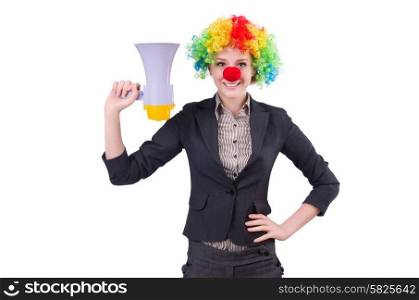 Businesswoman clown with loudspeaker isolated on white