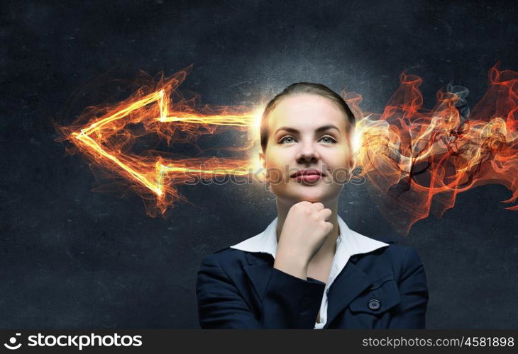 Businesswoman collecting her thoughts. Young pensive businesswoman and arrows coming out of her head