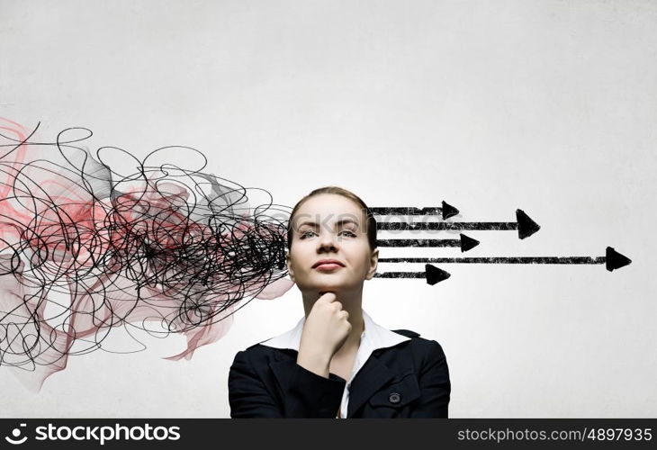 Businesswoman collecting her thoughts. Young pensive businesswoman and arrows coming out of her head