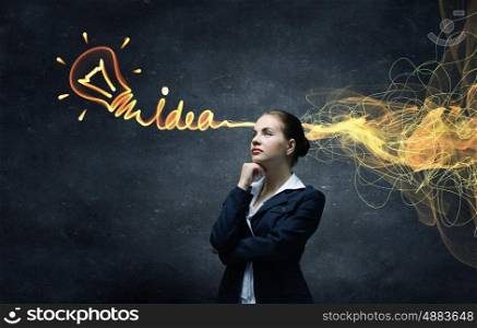 Businesswoman collecting her thoughts. Young pensive businesswoman and ideas coming out of her head