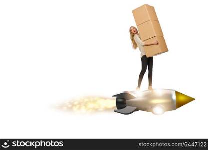 Businesswoman delivering boxes isolated on white background