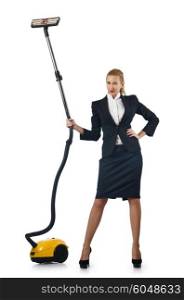 Businesswoman doing vacuum cleaning on white