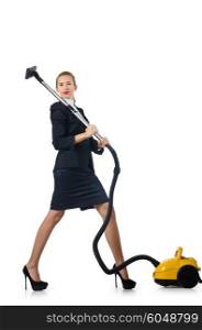 Businesswoman doing vacuum cleaning on white
