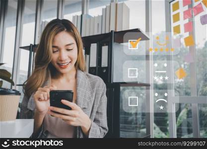Businesswoman gives ratings to service experience on a smartphone, Service Provider Satisfaction Ratings and Evaluations,  Satisfaction concept and Customer services