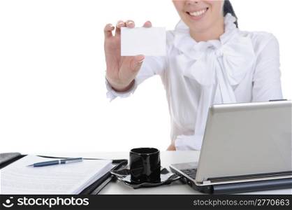 Businesswoman handing a blank business card. Isolated on white background