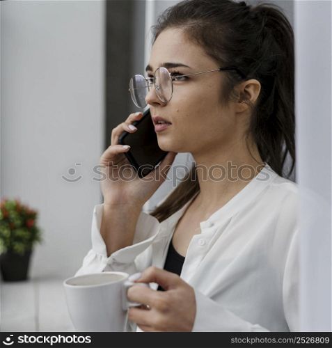 businesswoman having call home