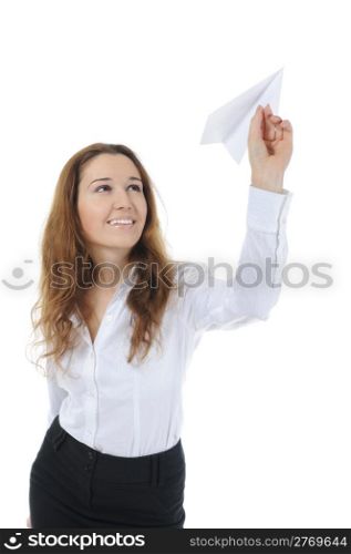 Businesswoman holding a clipboard signs contract. Isolated on white background