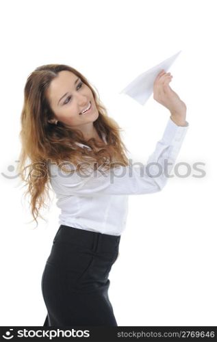 Businesswoman holding a clipboard signs contract. Isolated on white background