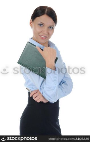 businesswoman holding a note book. Isolated on white background