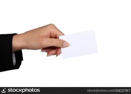 Businesswoman holding business card