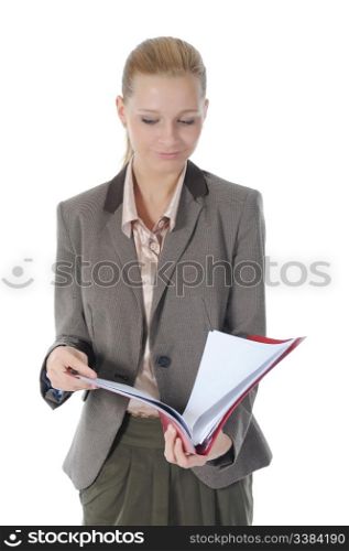 businesswoman holding documents. Isolated on white background