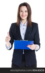 Businesswoman holding folder. Beautiful businesswoman holding blue folder with thumb up sign isolated on white background