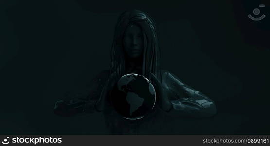 Businesswoman Holding Globe with Science Technology Minimalist Black Concept. Businesswoman Holding Globe