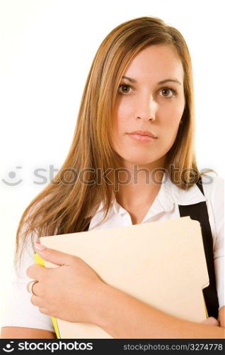 Businesswoman holding laptop, portrait