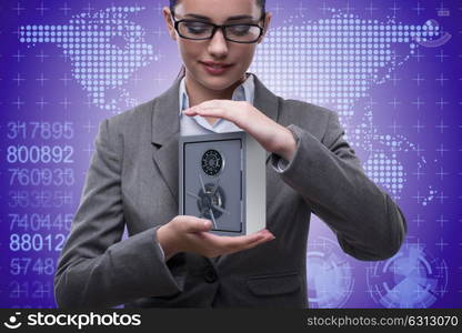 Businesswoman holding metal safe in security concept