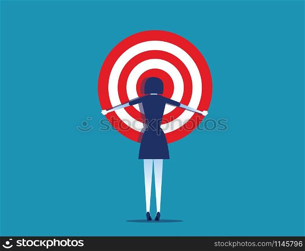 Businesswoman holding target. Concept business vector illustration. Rear view style.. Businesswoman holding target. Concept business vector illustration. Rear view style.