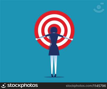Businesswoman holding target. Concept business vector illustration. Rear view style.. Businesswoman holding target. Concept business vector illustration. Rear view style.