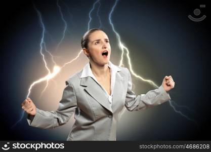 businesswoman in anger. businesswoman in anger screaming against lightning background