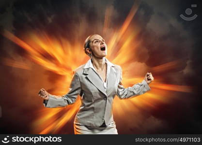 businesswoman in anger. businesswoman in anger screaming standing in flash of light