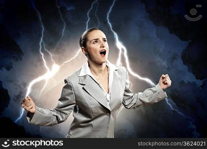 businesswoman in anger screaming against lightning background