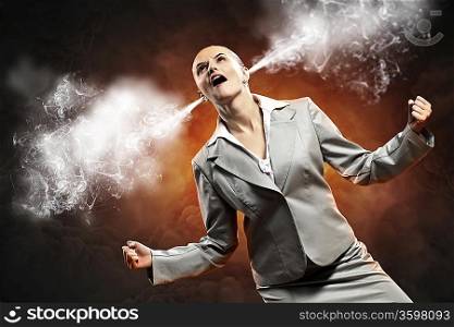 businesswoman in anger screaming steam going out from ears